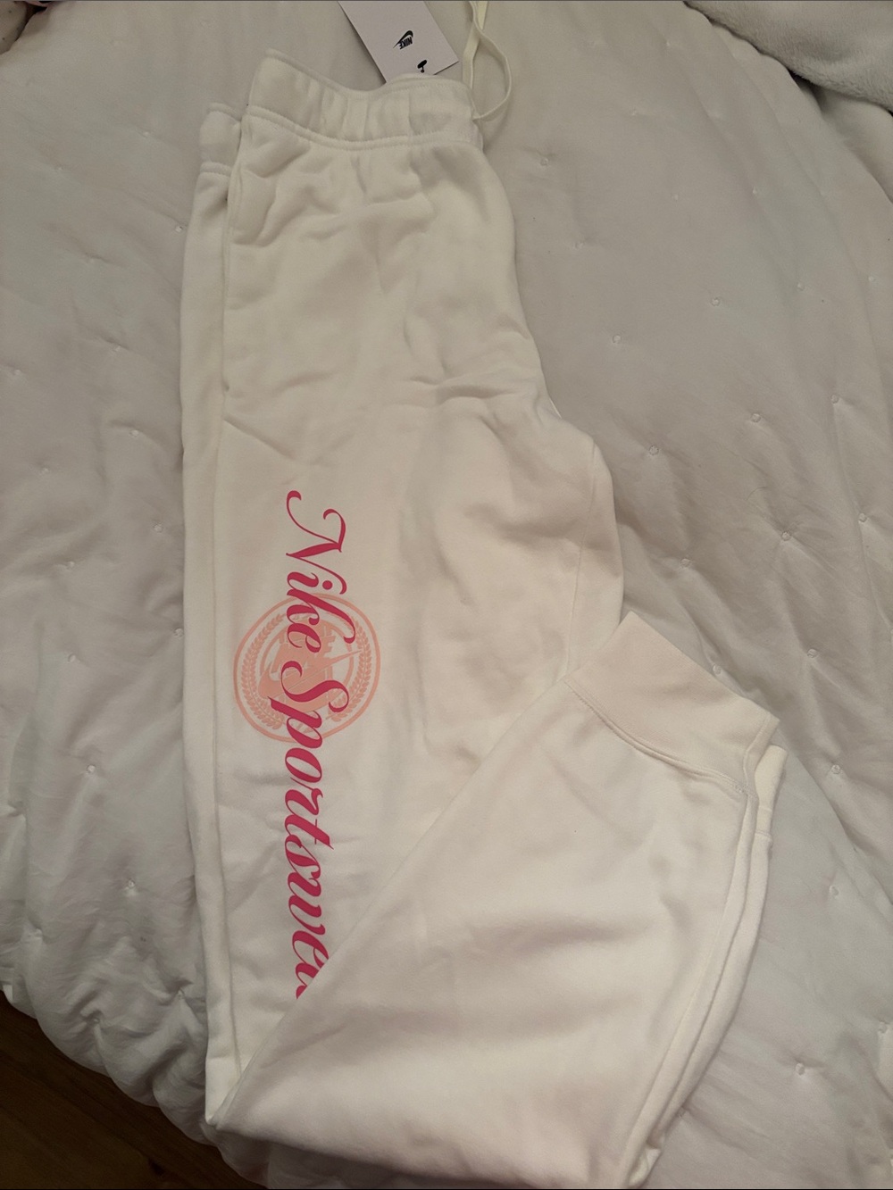 Nike White Sweatpants with Pink Script Logo